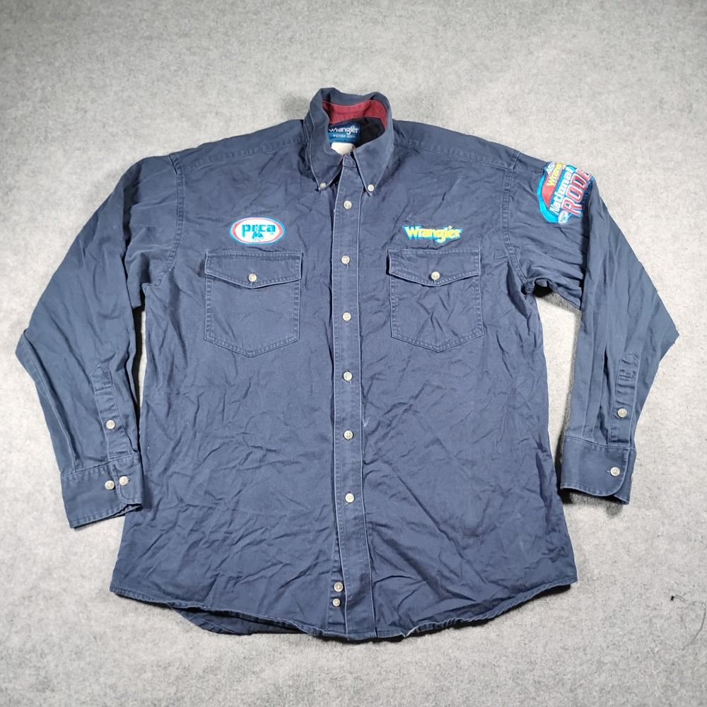 Wrangler Western Shirt Mens XL Navy Blue PRCA National Finals Rodeo Patch Cotton